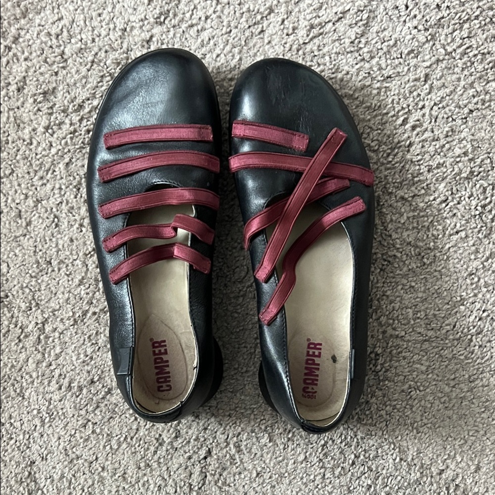 Camper Women's Black Flats with Burgundy Straps